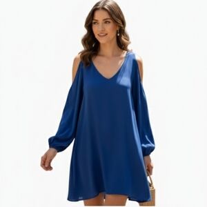 Mittoshop Blue High Low Dress With Cutout Long Sleeve Cold Shoulder Size Small